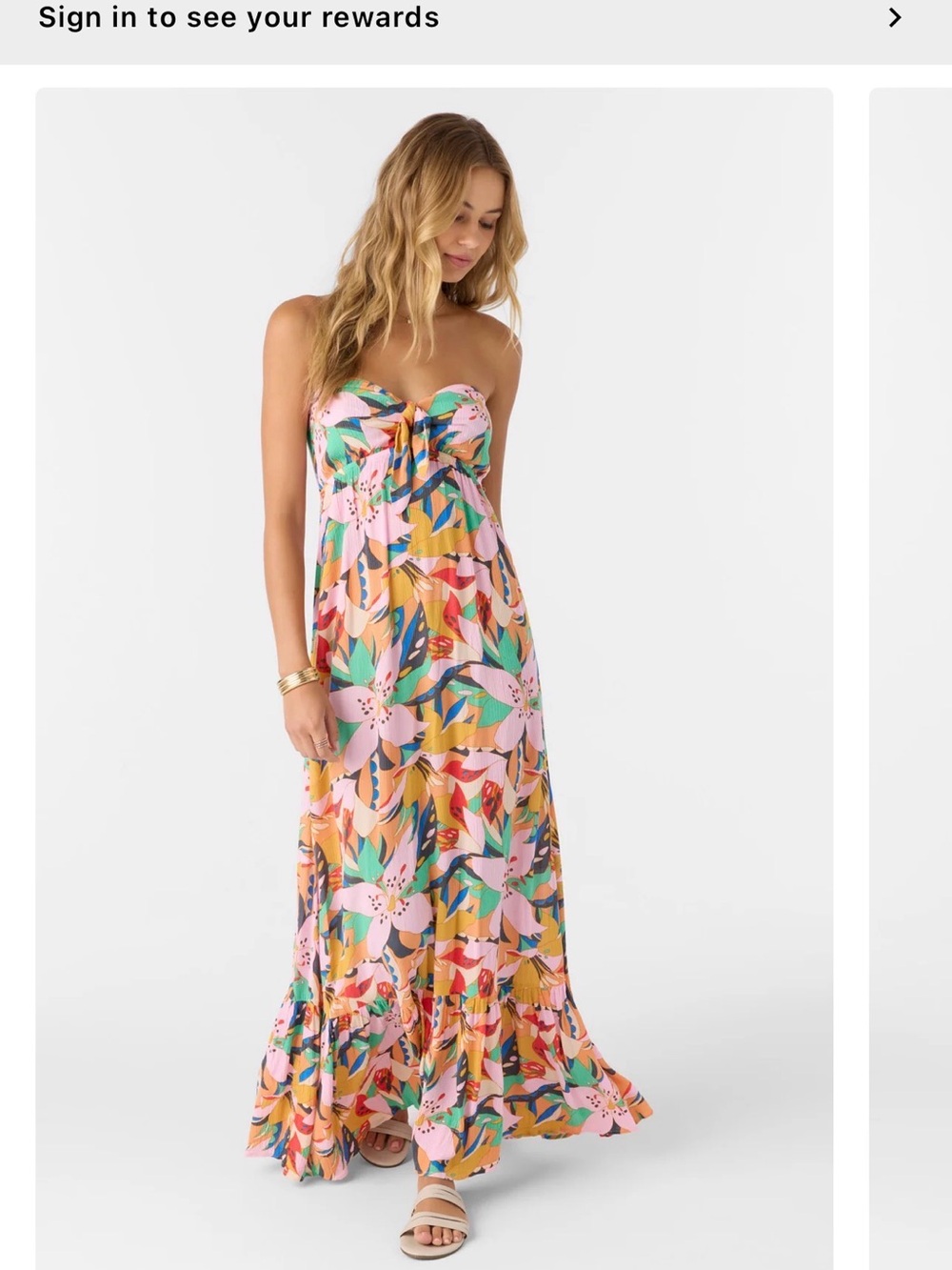 O'Neill Strapless Floral Maxi Dress in Peach, Pink and Green